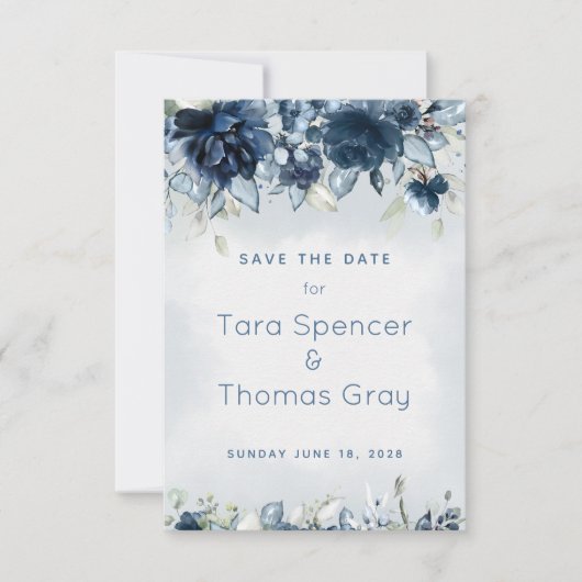 Cascading Dusty Blue Peony Wedding Save The Date (Voorkant)