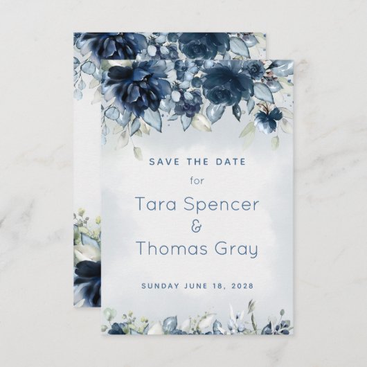 Cascading Dusty Blue Peony Wedding Save The Date (Voorkant / Achterkant)