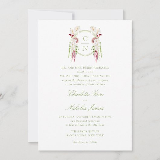 Cascading Floral Monogram Crest Wedding Kaart (Voorkant)