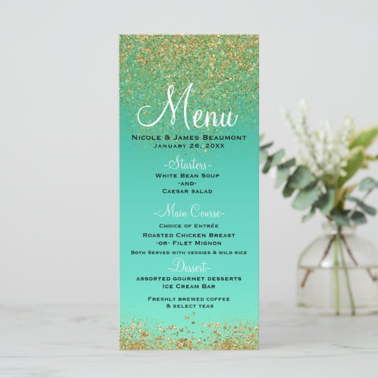Cascading Gold Glitter & Blauwgroen Aqua Glam Menu (Staand voorkant)