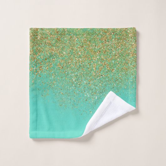 Cascading Gold Glitter & Blauwgroen Aqua Glam Mode Bad Handdoek (Wasdoekje)