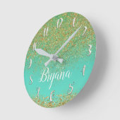 Cascading Gold Glitter Blauwgroen Aqua Glam Trendy Ronde Klok (Hoek)