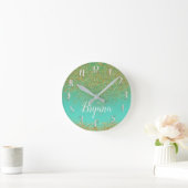 Cascading Gold Glitter Blauwgroen Aqua Glam Trendy Ronde Klok (Huis)