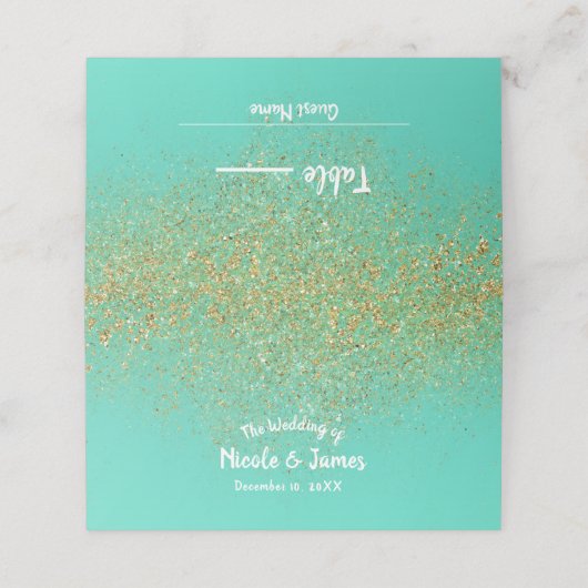 Cascading Gold Glitter Blauwgroen Aqua Party Tafel Plaatskaartje (Buitenkant ongevouwen)