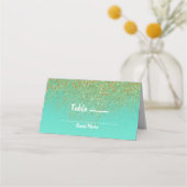 Cascading Gold Glitter Blauwgroen Aqua Party Tafel Plaatskaartje (Achterkant)