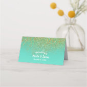Cascading Gold Glitter Blauwgroen Aqua Party Tafel Plaatskaartje (Voorkant)