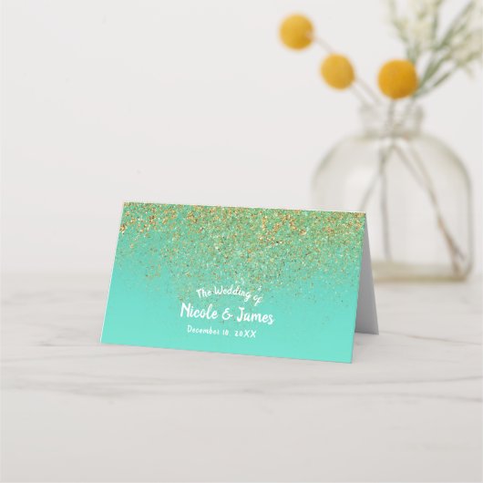 Cascading Gold Glitter Blauwgroen Aqua Party Tafel Plaatskaartje (Voorkant)