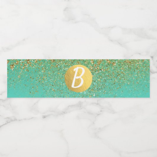 Cascading Gold Glitter Blauwgroen Aqua Verjaardags Waterfles Etiket (Enkel label)