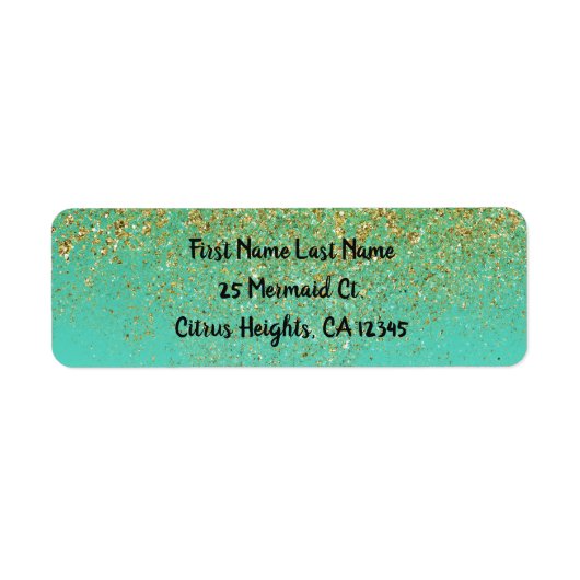 Cascading Gold Glitter en Blauwgroen Aqua Glam Tre Etiket (Voorkant)
