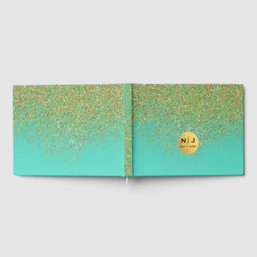 Cascading Gold Glitter en Blauwgroen Aqua Glam Tre Gastenboek (Volledig)