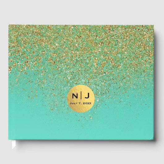 Cascading Gold Glitter en Blauwgroen Aqua Glam Tre Gastenboek (Voorkant)