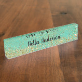 Cascading Gold Glitter en Blauwgroen Aqua Glam Tre Naambordje (Zijkant)