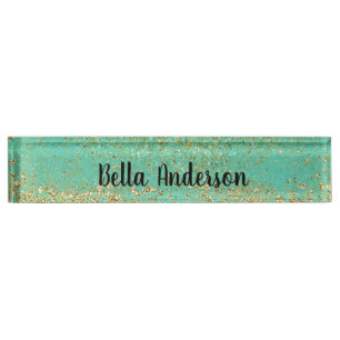 Cascading Gold Glitter en Blauwgroen Aqua Glam Tre Naambordje
