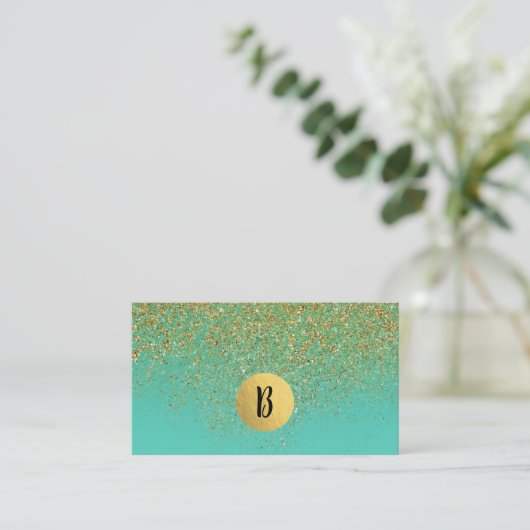 Cascading Gold Glitter en Blauwgroen Aqua Glam Tre Visitekaartje (Staand voorkant)