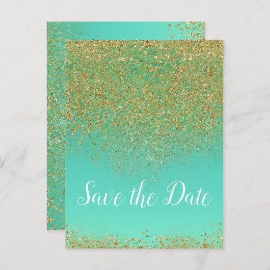 Cascading Gold Glitter Glam Trendy Save the Date Aankondigingskaart (Voorkant / Achterkant)