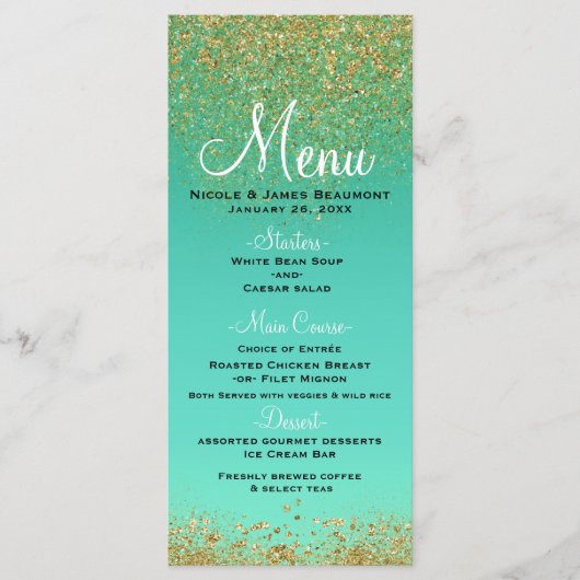 Cascading Gouden Glitters & Teal Aqua Glam Menu (Voorkant)