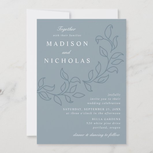 Cascading Leaves Dusty Blue Wedding Kaart (Voorkant)