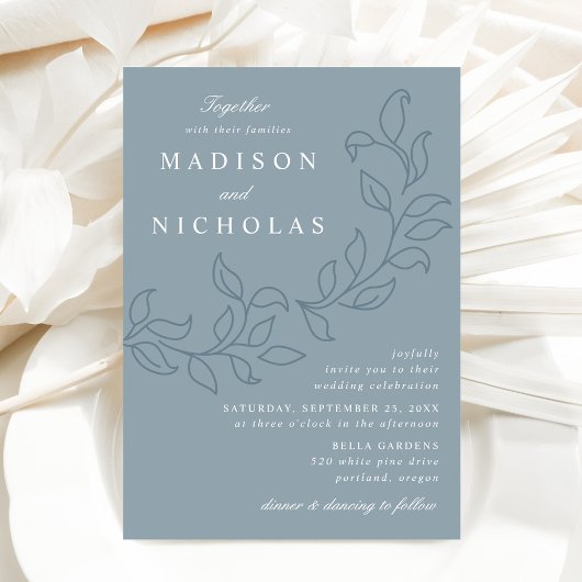 Cascading Leaves Dusty Blue Wedding Kaart