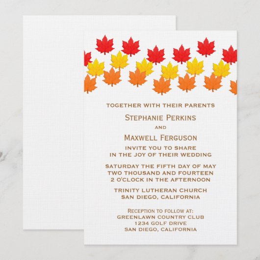 Cascading Leaves Fall Wedding Invitation Kaart (Voorkant / Achterkant)