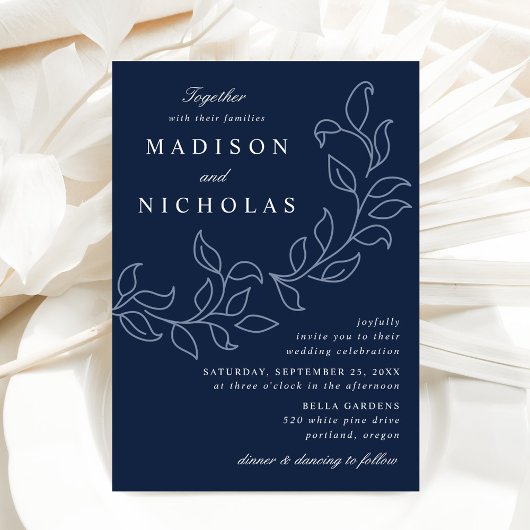Cascading Leaves Navy Wedding Kaart
