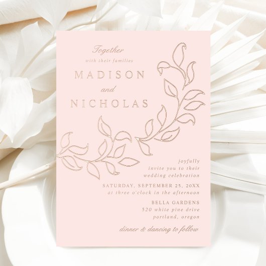 Cascading Leaves Weddenschap Blush en Roos Gold Folie Uitnodiging