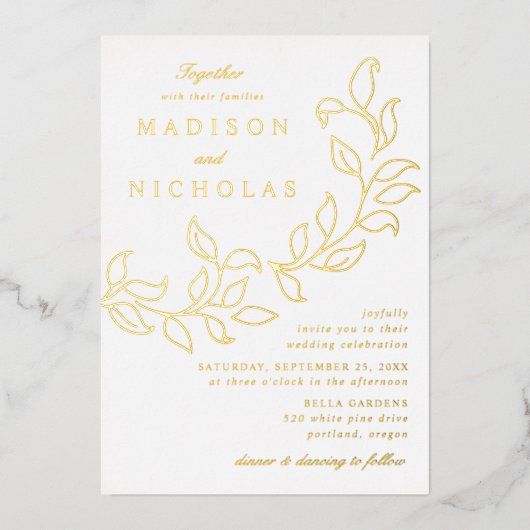 Cascading Leaves Weddenschap Gold Folie Uitnodiging (Voorkant)