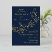 Cascading Leaves Wedding Navy and Gold Folie Uitnodiging (Staand Voorkant)
