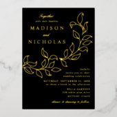 Cascading Leaves Weduwzwart en goud Folie Uitnodiging (Voorkant)