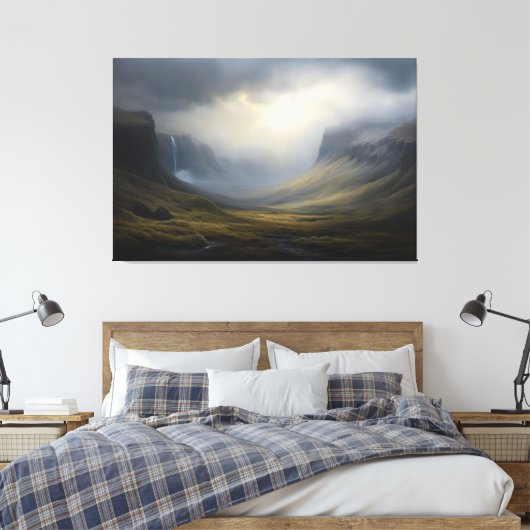 Cascading Light: Mountain Waterval Landschap Canvas Afdruk (Insitu (Slaapkamer))