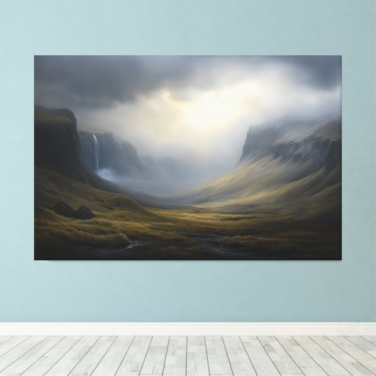 Cascading Light: Mountain Waterval Landschap Canvas Afdruk (Insitu (Houten vloer))