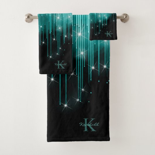 Cascading Lights Monogram Blauwgroen ID789 Bad Handdoek (Insitu)