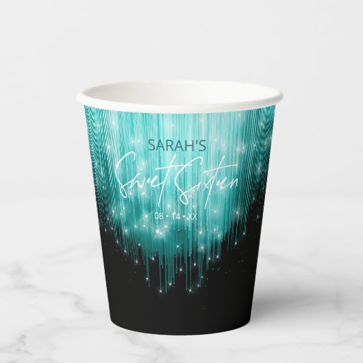 Cascading Lights Sweet 16 Blauwgroen ID790 Papieren Bekers (Voorkant)