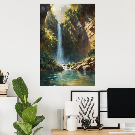 Cascading Majesty: Oerwoud Cliff Waterfall Poster (Thuiskantoor)