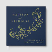 Cascading Navy en Gold Foil Leaves Wedding Gastenboek (Voorkant)