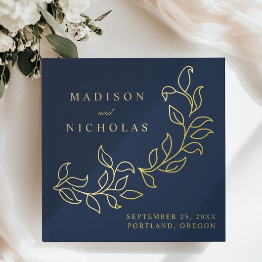 Cascading Navy en Gold Foil Leaves Wedding Gastenboek