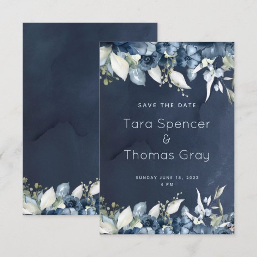 Cascading Navy Peony Wedding Save The Date (Voorkant / Achterkant)