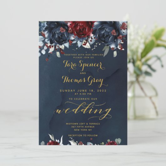 Cascading Peonies Burgundy Navy Gold Weddenschap Kaart (Staand voorkant)