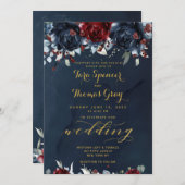 Cascading Peonies Burgundy Navy Gold Weddenschap Kaart (Voorkant / Achterkant)