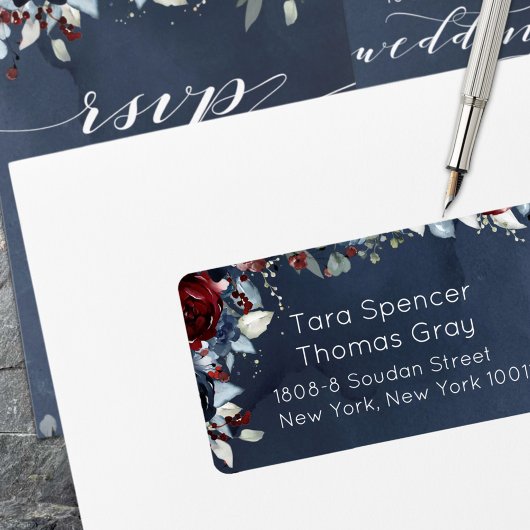 Cascading Peony Burgundy Navy Mailing Etiket