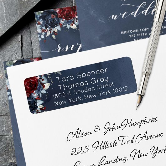 Cascading Peony Burgundy Navy Return Address Etiket