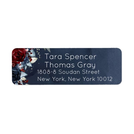 Cascading Peony Burgundy Navy Return Address Etiket (Voorkant)
