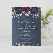 Cascading Peony Burgundy Navy Wedding Kaart (Staand voorkant)