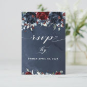 Cascading Peony Burgundy Navy Wedding RSVP (Staand voorkant)
