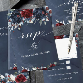 Cascading Peony Burgundy Navy Wedding RSVP Kaartje