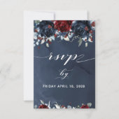 Cascading Peony Burgundy Navy Wedding RSVP Kaartje (Voorkant)