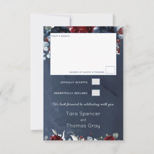 Cascading Peony Burgundy Navy Wedding RSVP Kaartje (Achterkant)