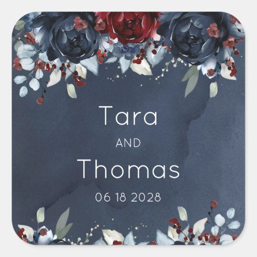 Cascading Peony Burgundy Navy Wedding Vierkante Sticker (Voorkant)