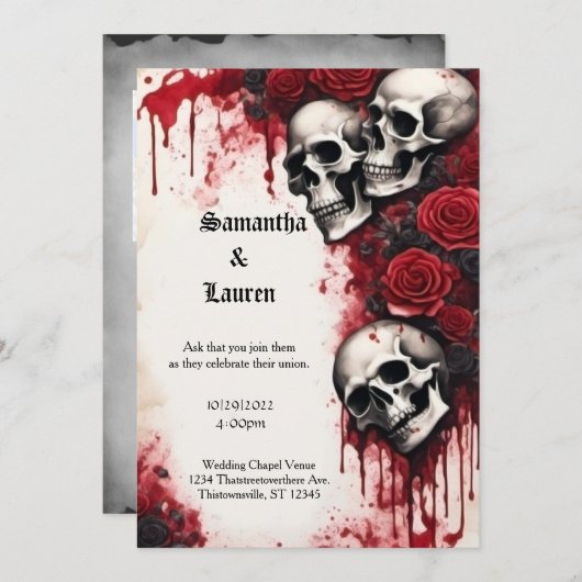 Cascading Skulls en Rozen Gothic Bruiloft Kaart (Voorkant / Achterkant)
