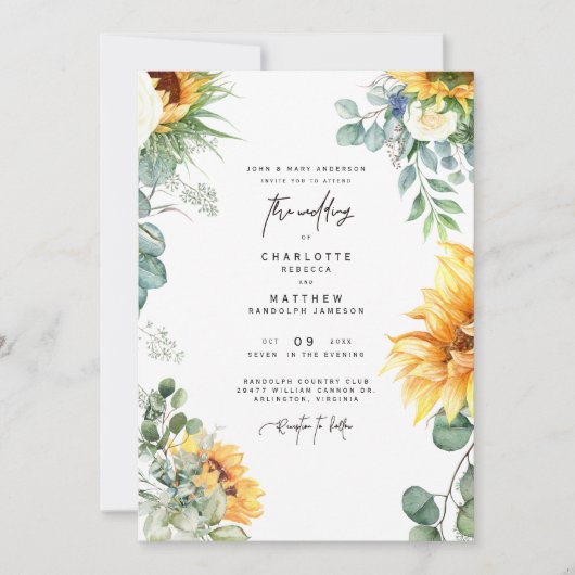 Cascading Sunflower Greenery Bride Parents Sage Kaart (Voorkant)