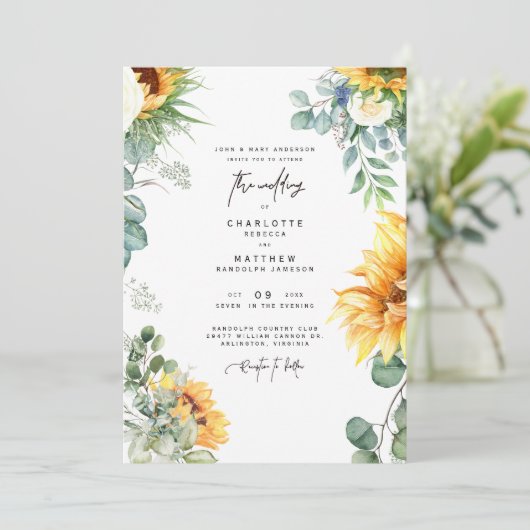 Cascading Sunflower Greenery Bride Parents Sage Kaart (Staand voorkant)